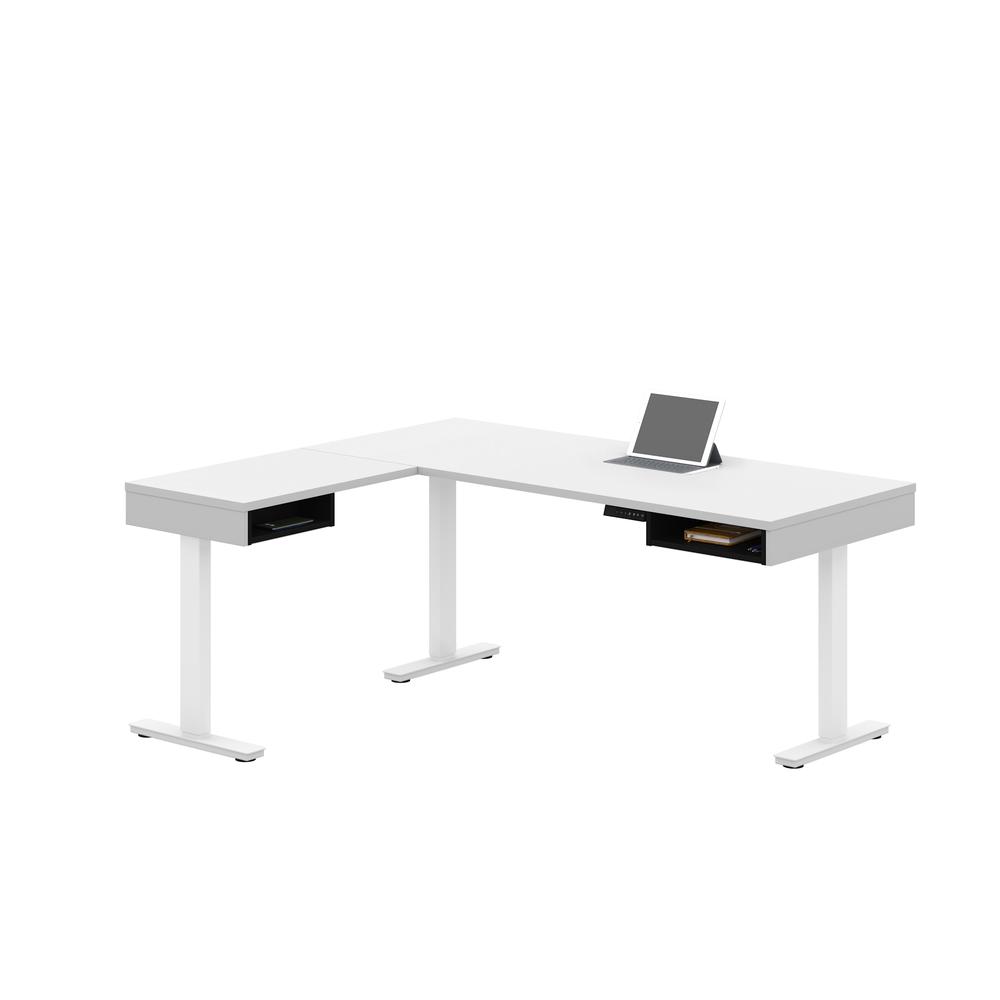 Height Adjustable L-Desk in White and Black. Picture 1