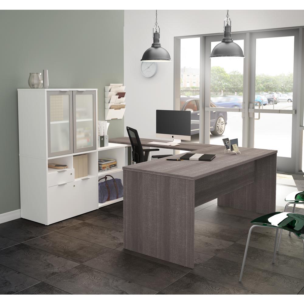 i3 Plus U-Desk with Frosted Glass Door Hutch in Bark Gray & White. Picture 3
