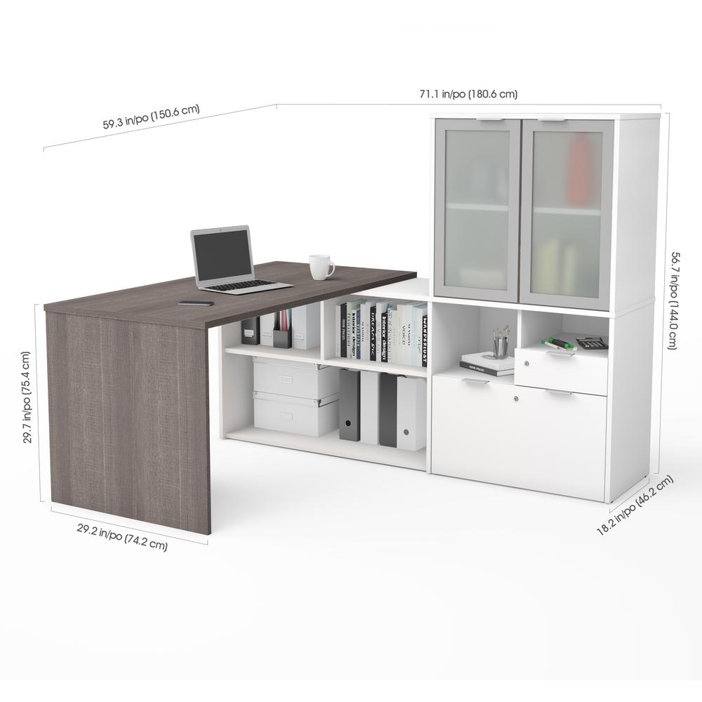 i3 Plus L-Desk with Frosted Glass Door Hutch in Bark Gray & White. Picture 2