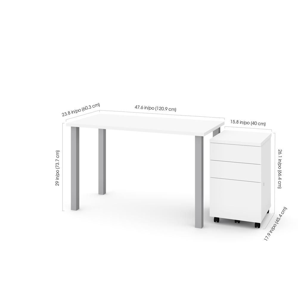 Bestar 2-Piece 24" x 48" Table with Square Metal Legs and Assembled Mobile Filing Cabinet in White. Picture 1