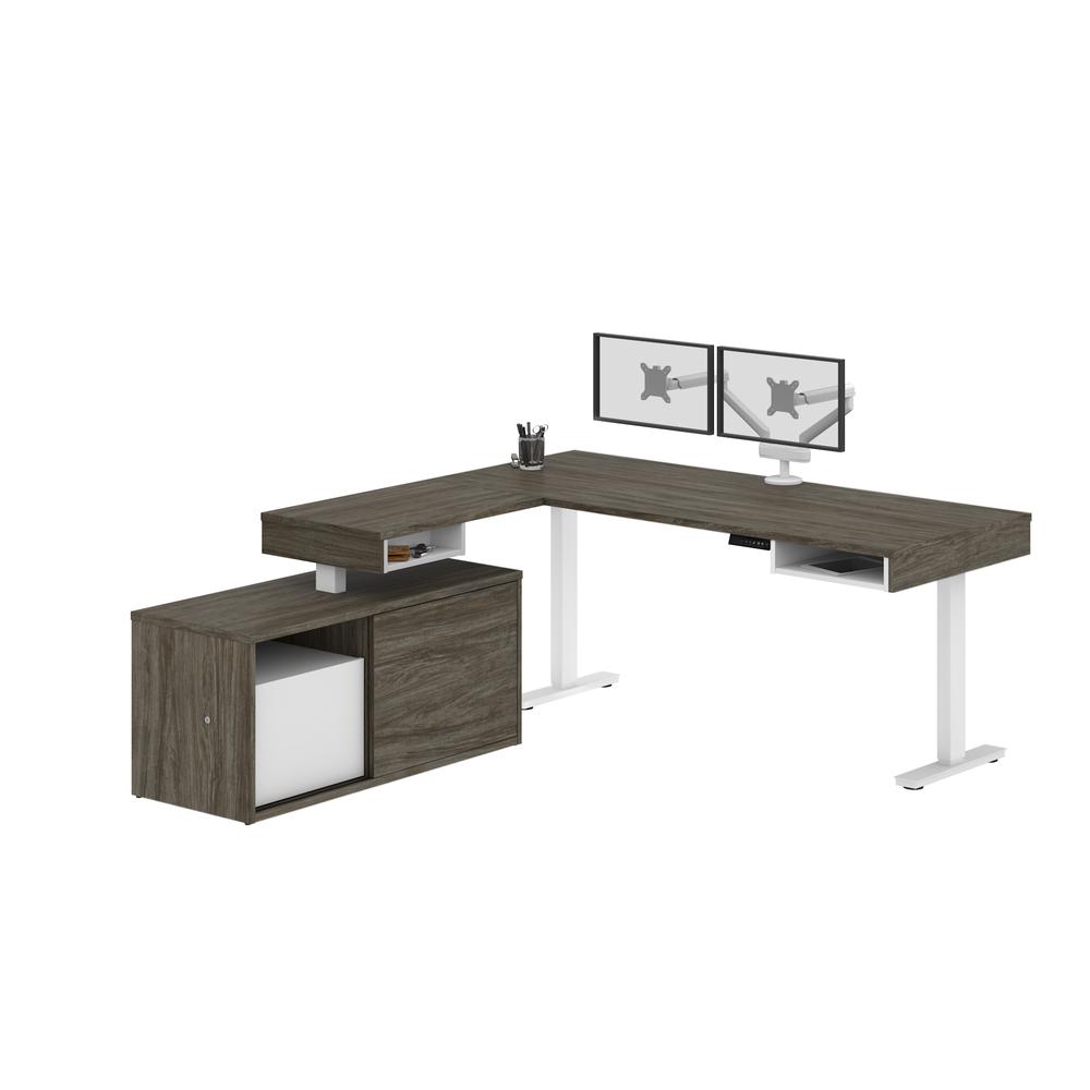 Height Adjustable L-Desk with Dual Monitor Arm in Walnut Grey & White. Picture 1