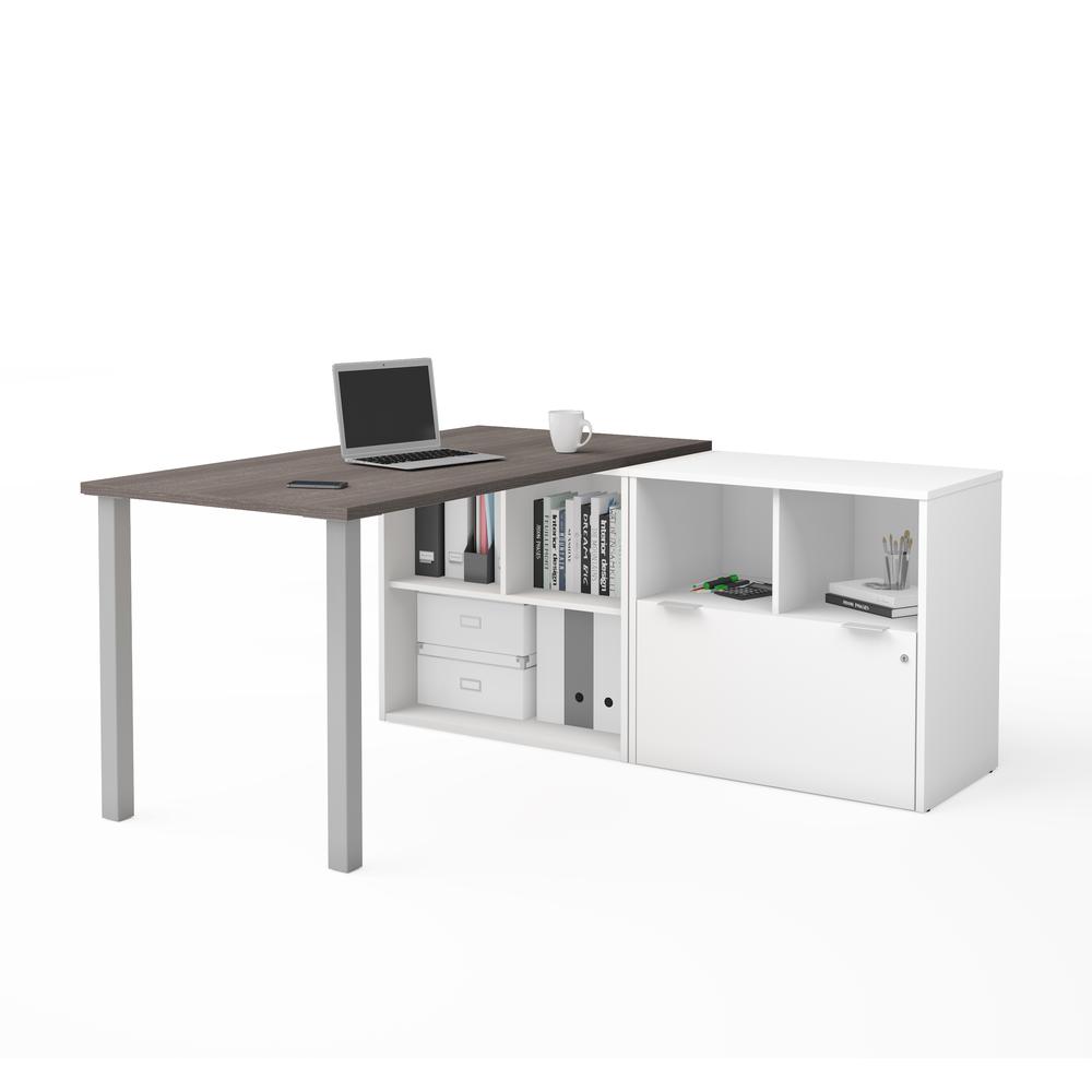 i3 Plus L-Desk with One File Drawer in Bark Gray & White. The main picture.