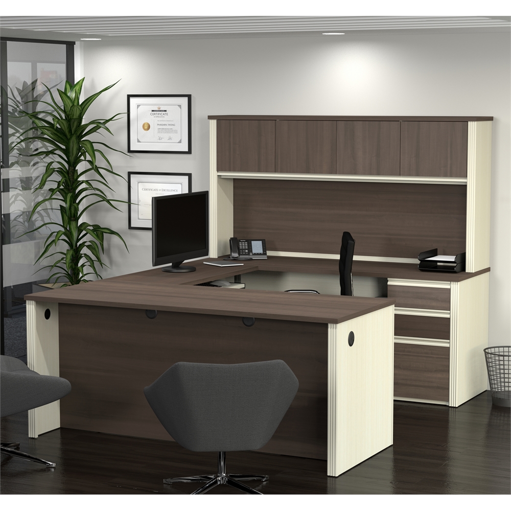 Prestige U-shaped workstation including two pedestals in White Chocolate & Antigua. Picture 2