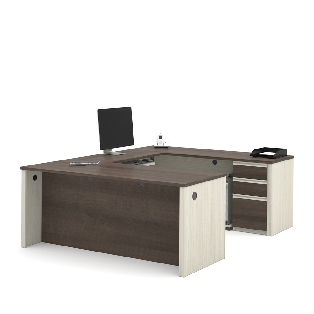 Prestige U-shaped workstation including one pedestal in White Chocolate & Antigua. Picture 1