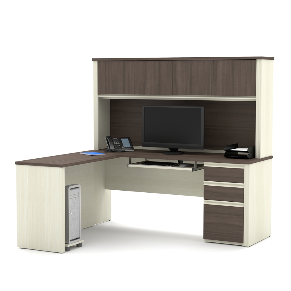 Prestige L-shaped workstation including one pedestal in White Chocolate & Antigua. Picture 1