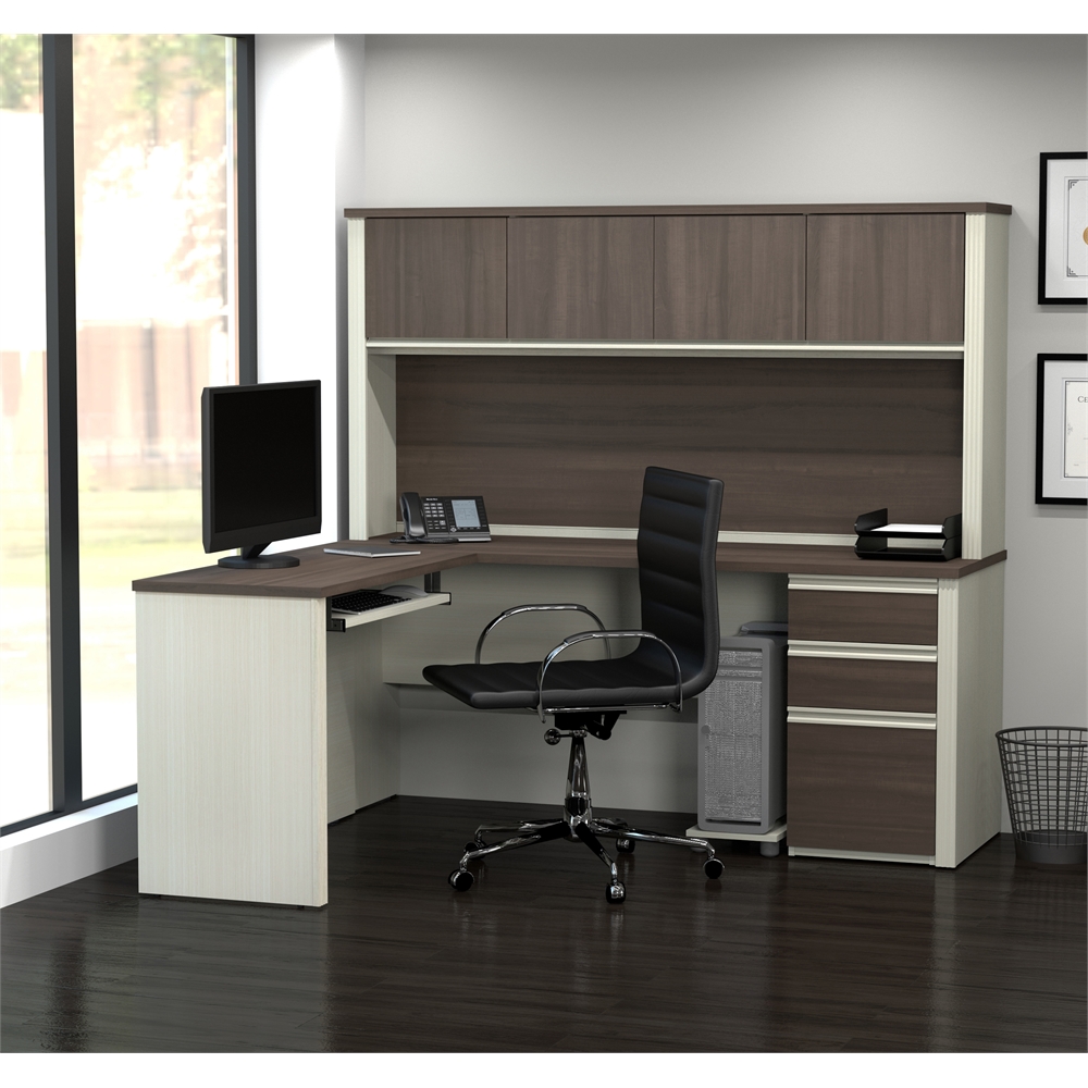 Prestige L-shaped workstation including one pedestal in White Chocolate & Antigua. Picture 2