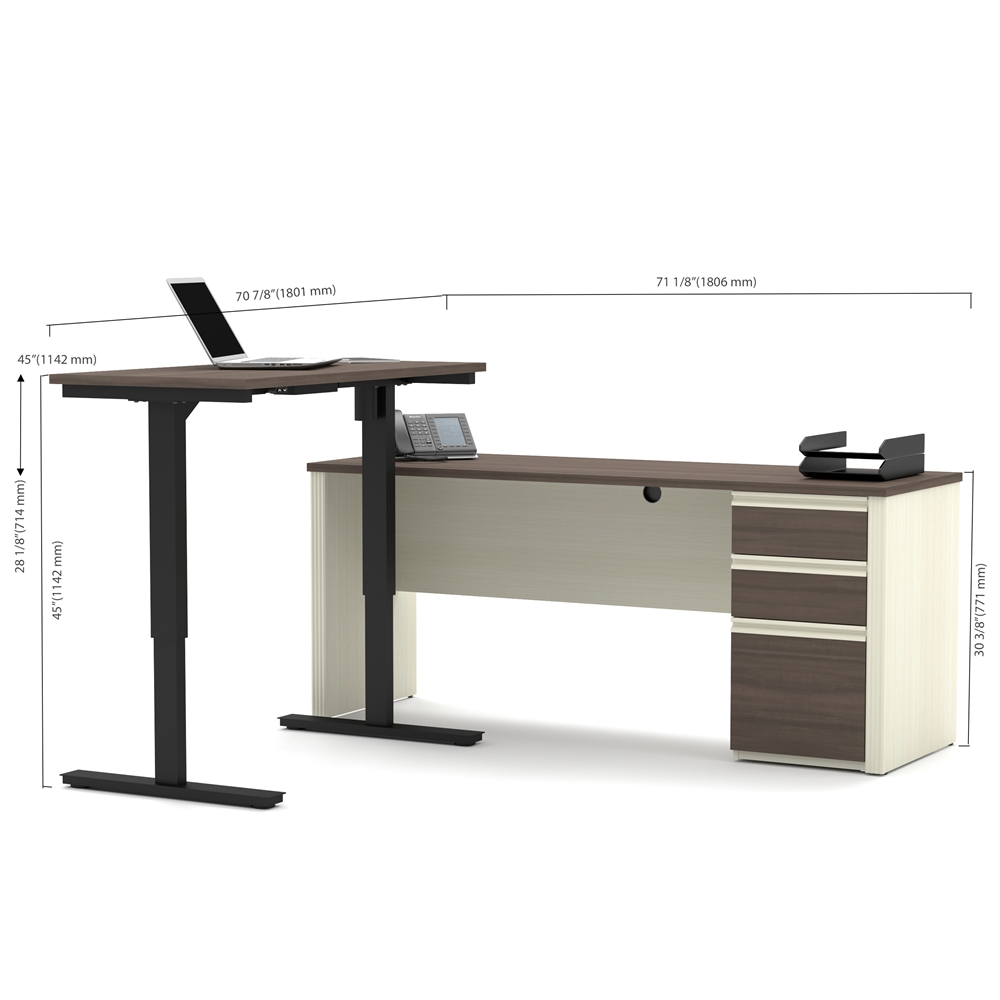 Prestige + Height Adjustable L-Desk in White Chocolate & Antigua. Picture 3