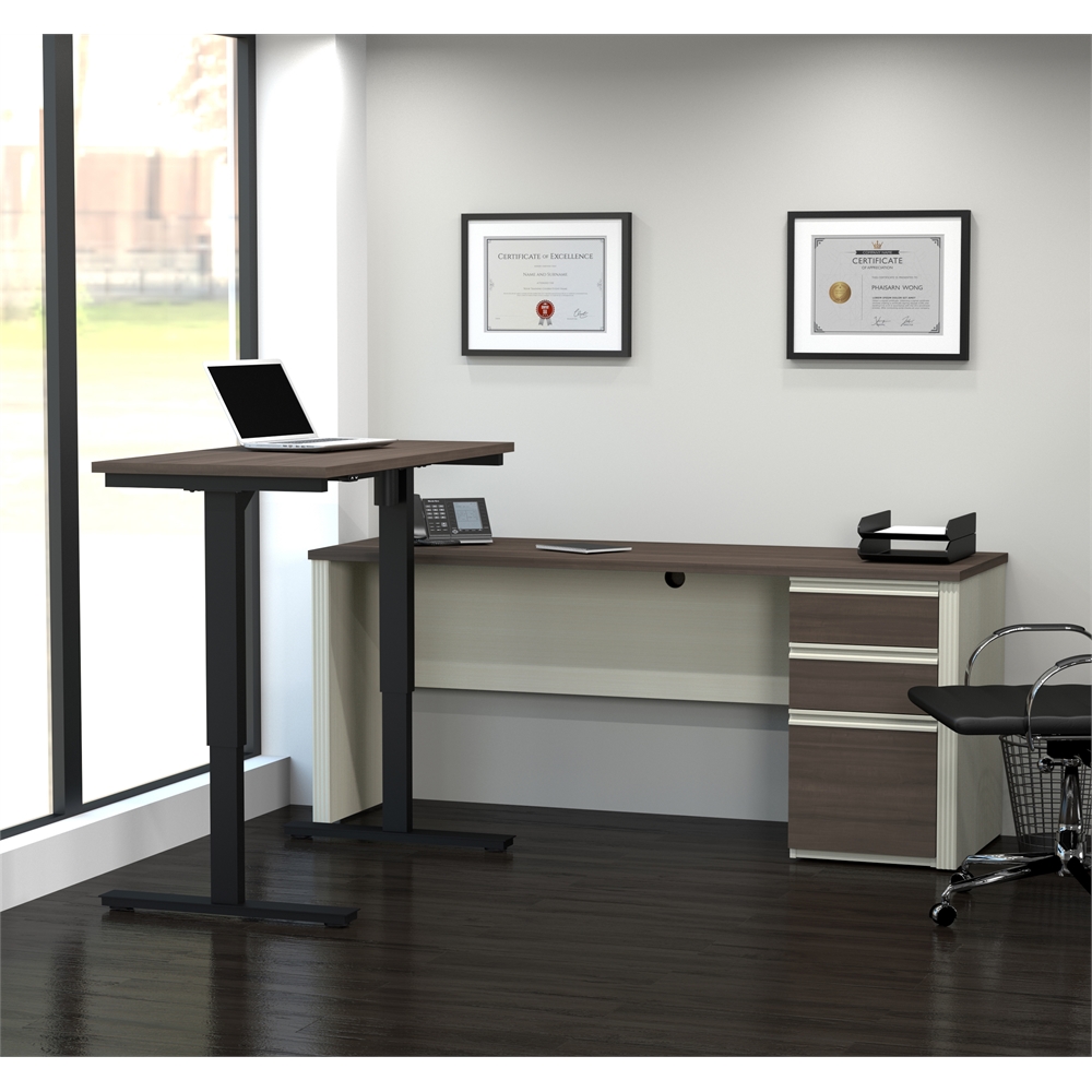 Prestige + Height Adjustable L-Desk in White Chocolate & Antigua. Picture 2