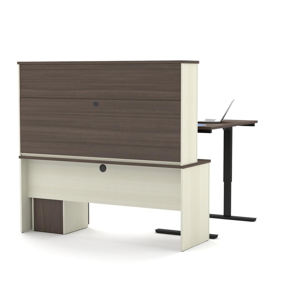 Prestige + Height Adjustable L-Desk with Hutch in White Chocolate & Antigua. Picture 4