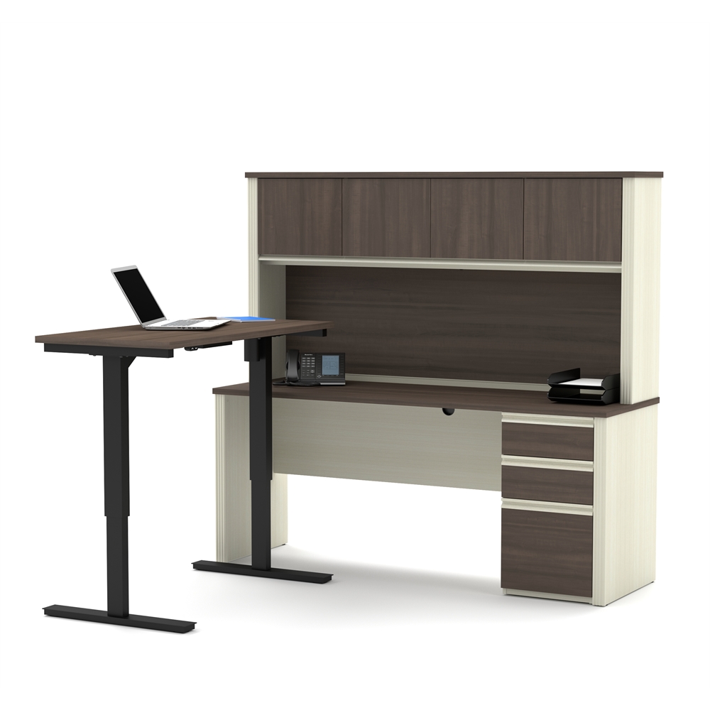 Prestige + Height Adjustable L-Desk with Hutch in White Chocolate & Antigua. Picture 1