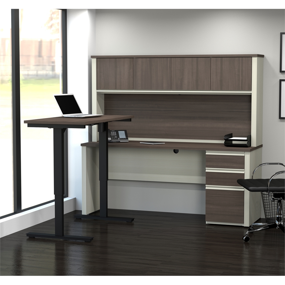 Prestige + Height Adjustable L-Desk with Hutch in White Chocolate & Antigua. Picture 2