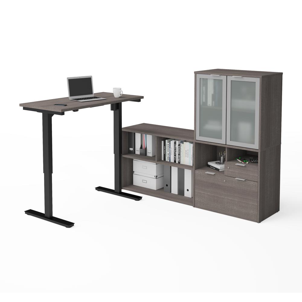 i3 Plus Height Adjustable L-Desk with Frosted Glass Door Hutch in Bark Gray. The main picture.