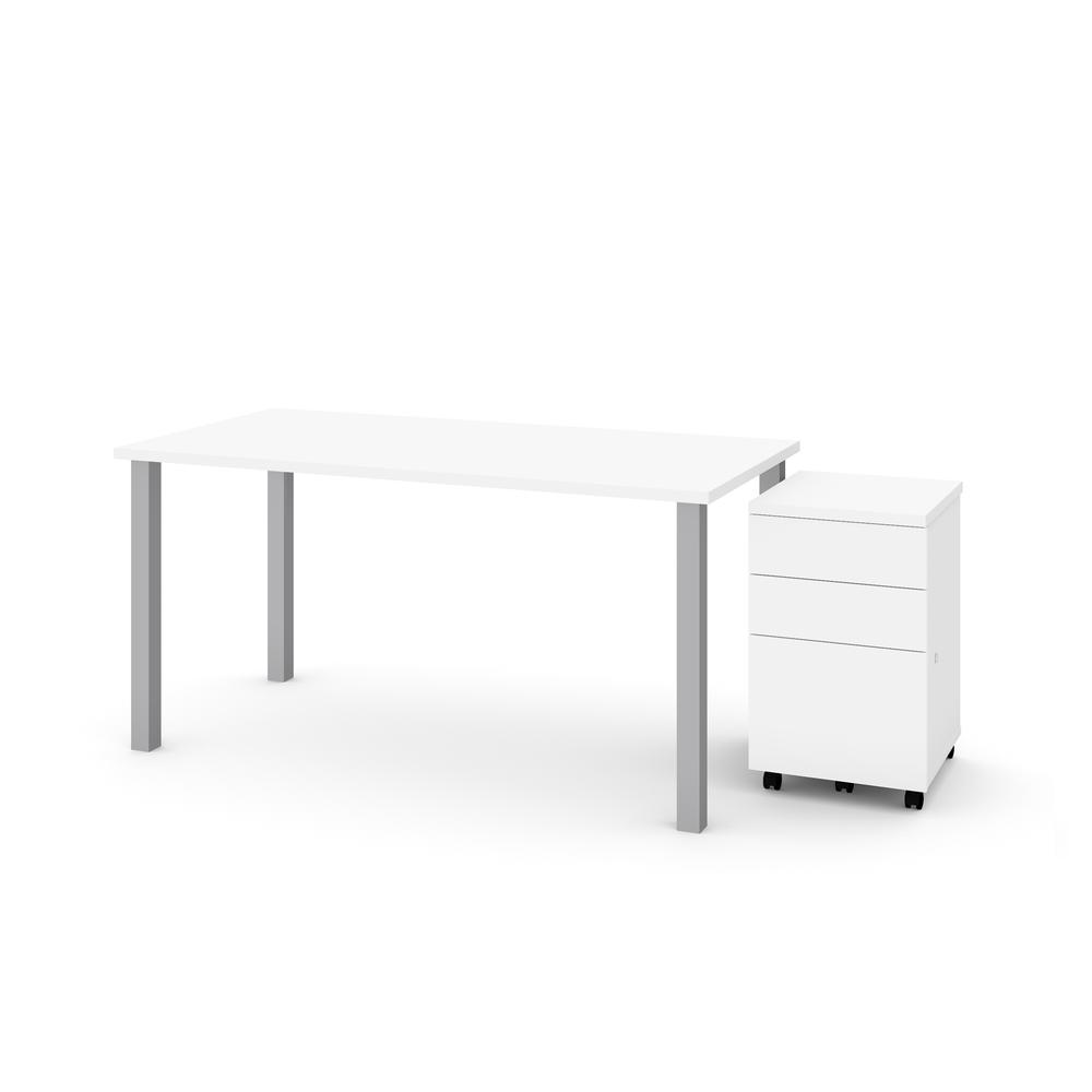 BESTAR Universel 2-Piece set including 30“ x 60“ table desk and an assembled mobile pedestal in white. Picture 1