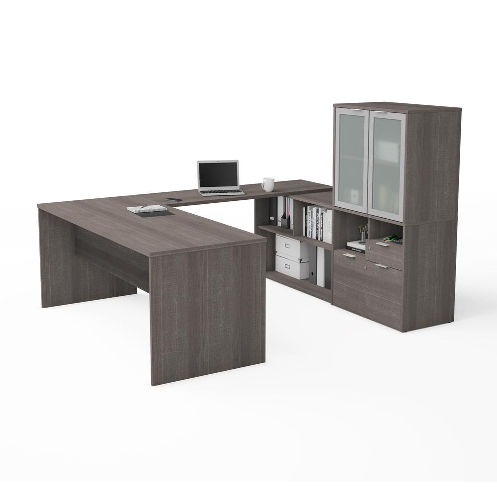 i3 Plus U-Desk with Frosted Glass Door Hutch in Bark Gray. Picture 1