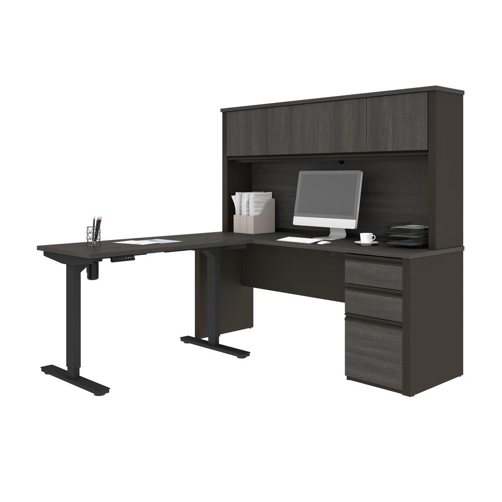 Prestige + Height Adjustable L-Desk with Hutch in Bark Gray & Slate. Picture 1