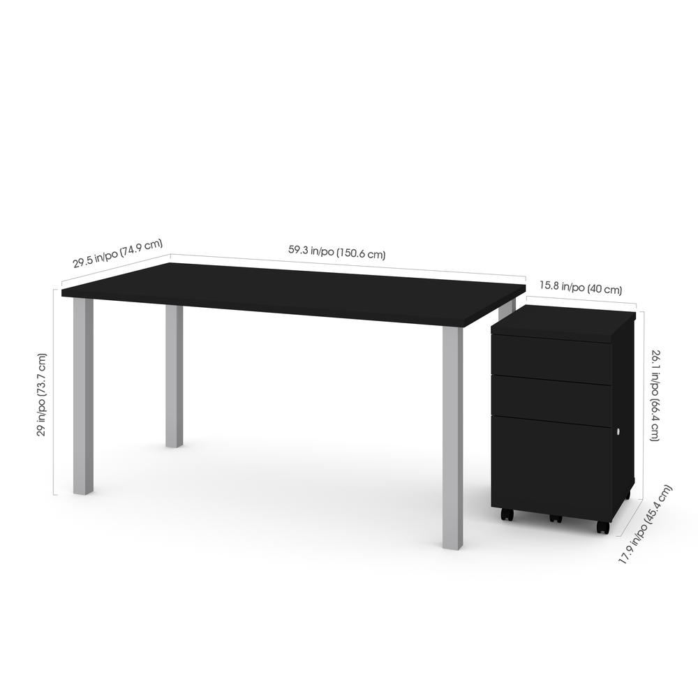 Bestar 2-Piece 30" x 60" Table with Square Metal Legs and Assembled Mobile Filing Cabinet in Black. Picture 1