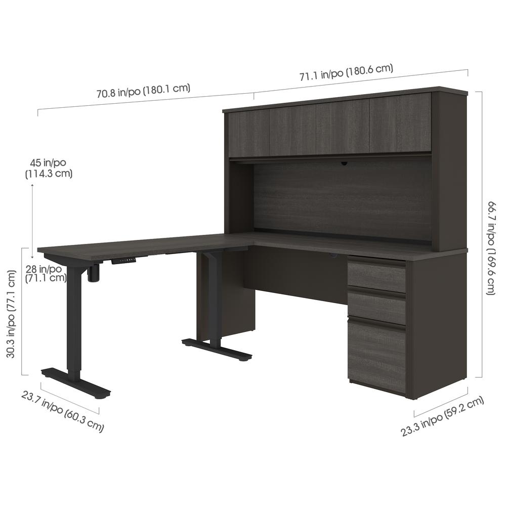 Prestige + Height Adjustable L-Desk with Hutch in Bark Gray & Slate. Picture 5