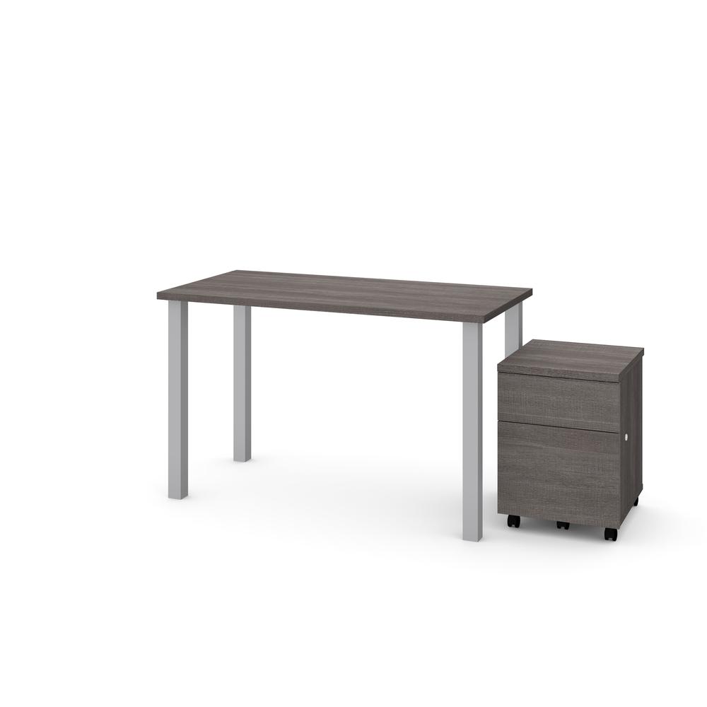 Bestar 2-Piece 24" x 48" Table with Square Metal Legs and Mobile Filing Cabinet in Bark Gray. Picture 2