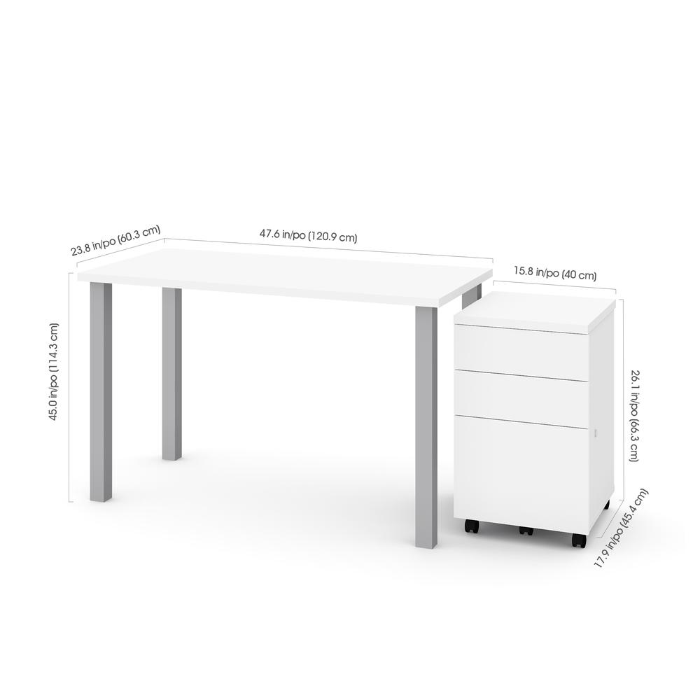 BESTAR Universel 2-Piece set including 24“ x 48“ table desk and an assembled mobile pedestal in white. Picture 2