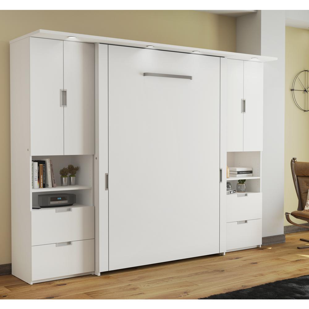 Full Murphy Bed with 2 Storage Cabinets (107W) in White. Picture 2