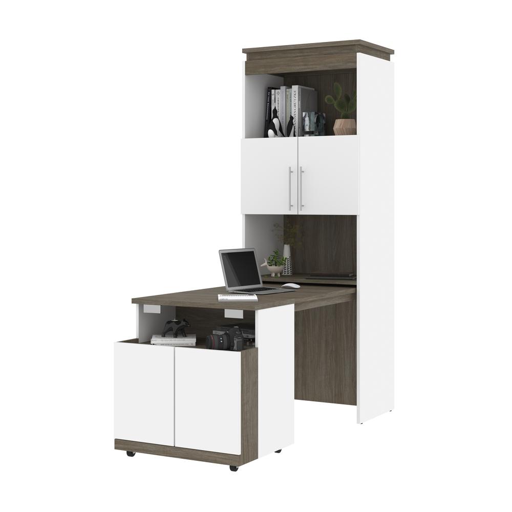 Bestar Orion 30W Shelving Unit with Fold-Out Desk in white & walnut grey. Picture 8