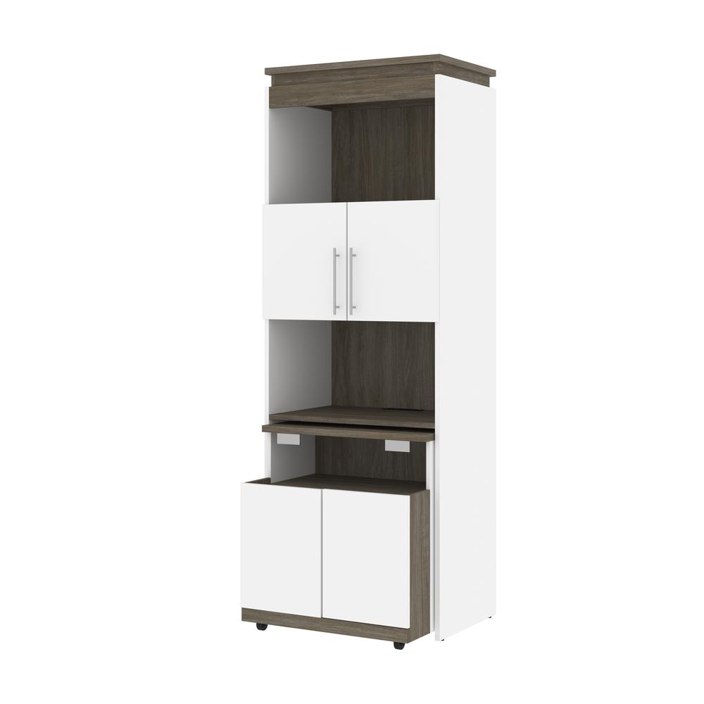 Bestar Orion 30W Shelving Unit with Fold-Out Desk in white & walnut grey. Picture 1
