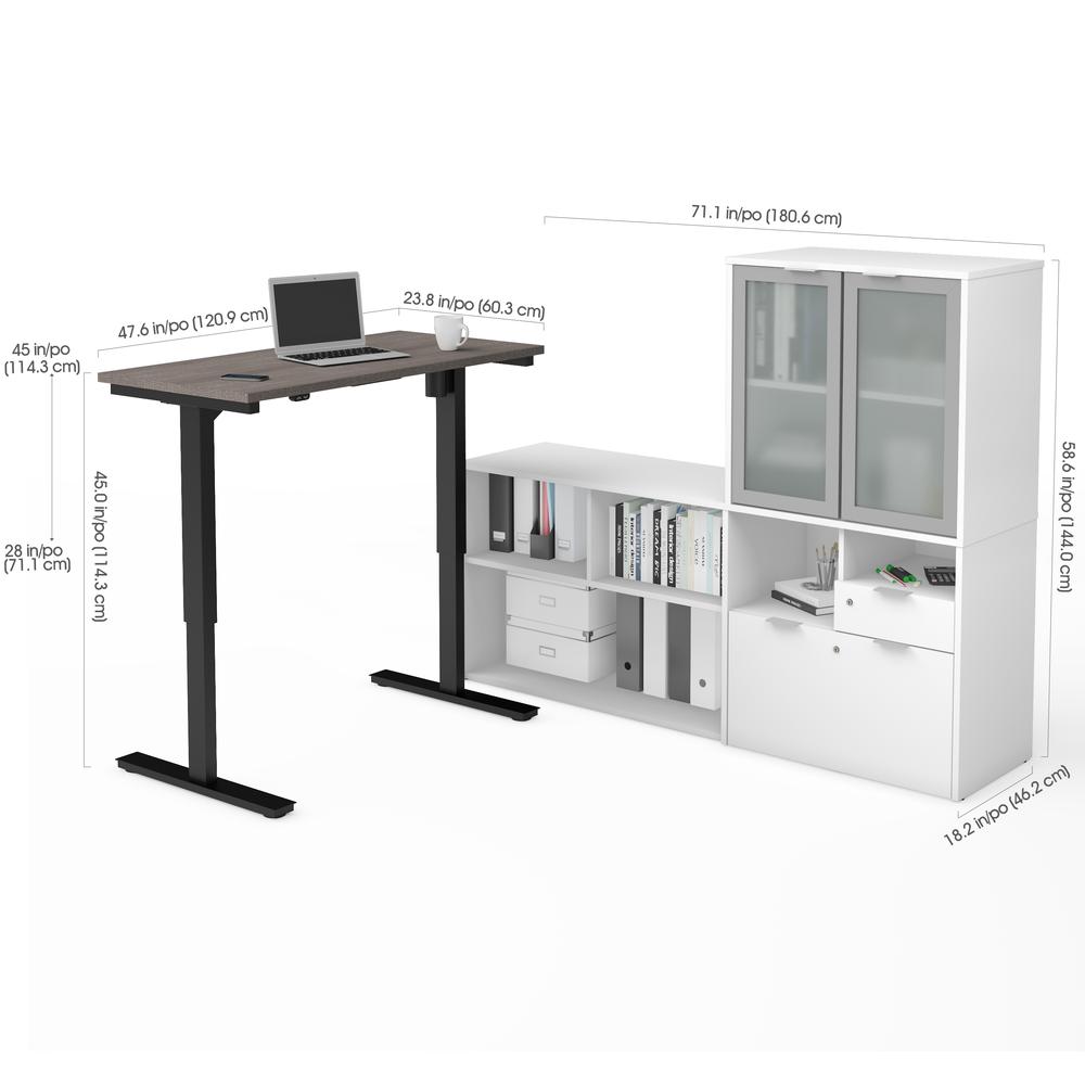 i3 Plus Height Adjustable L-Desk with Frosted Glass DoorHutch in Bark Gray & White. Picture 2