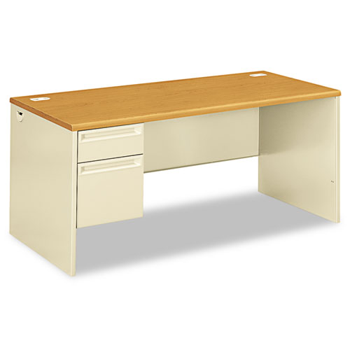38000 Series Left Pedestal Desk, 66" x 30" x 29.5", Harvest/Putty. Picture 1