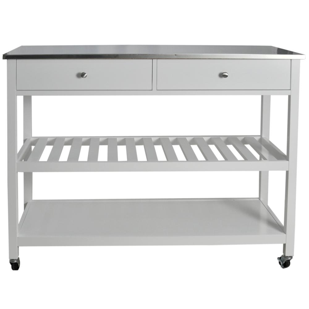 Mobile Kitchen Island With Two Large Open Shelves, Two Drawer, Stainless Steel Top, White. Picture 1