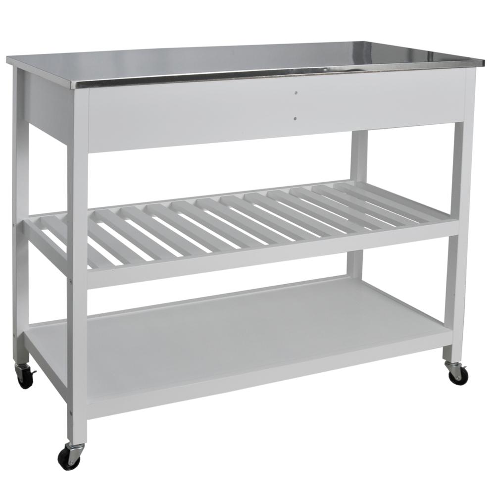 Mobile Kitchen Island With Two Large Open Shelves, Two Drawer, Stainless Steel Top, White. Picture 3