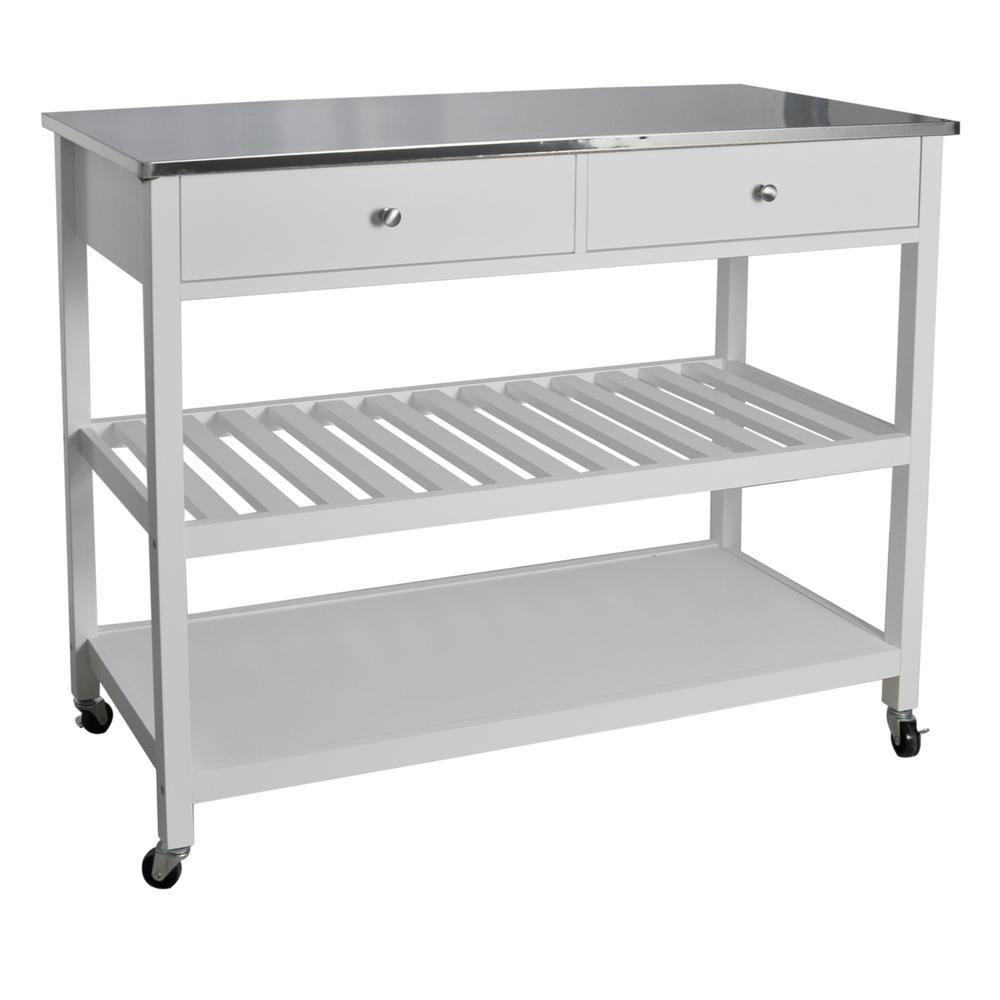 Mobile Kitchen Island With Two Large Open Shelves, Two Drawer, Stainless Steel Top, White. Picture 4