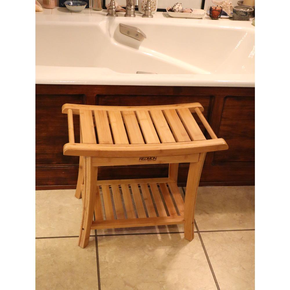 Bamboo Shower Gentle Curve Seat With Side Handles And Shelf. Picture 5