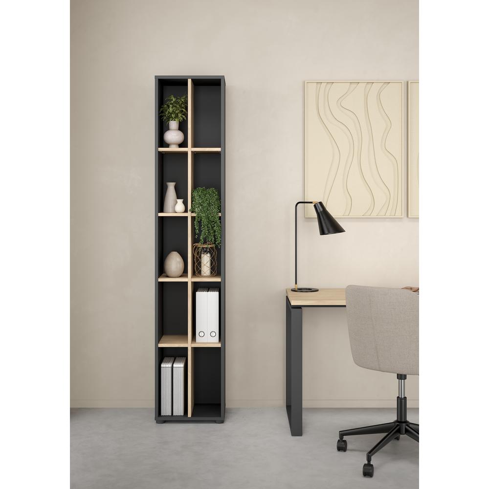 Sign Narrow 10 Shelf Bookcase/ bookcase with divider, Matte Grey/Jackson Hickory. Picture 9