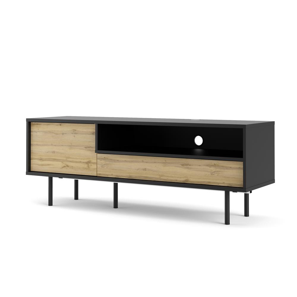 Pierce TV Stand with 1 door and 1 drawer, Black Matte/Wotan Light Oak. Picture 3