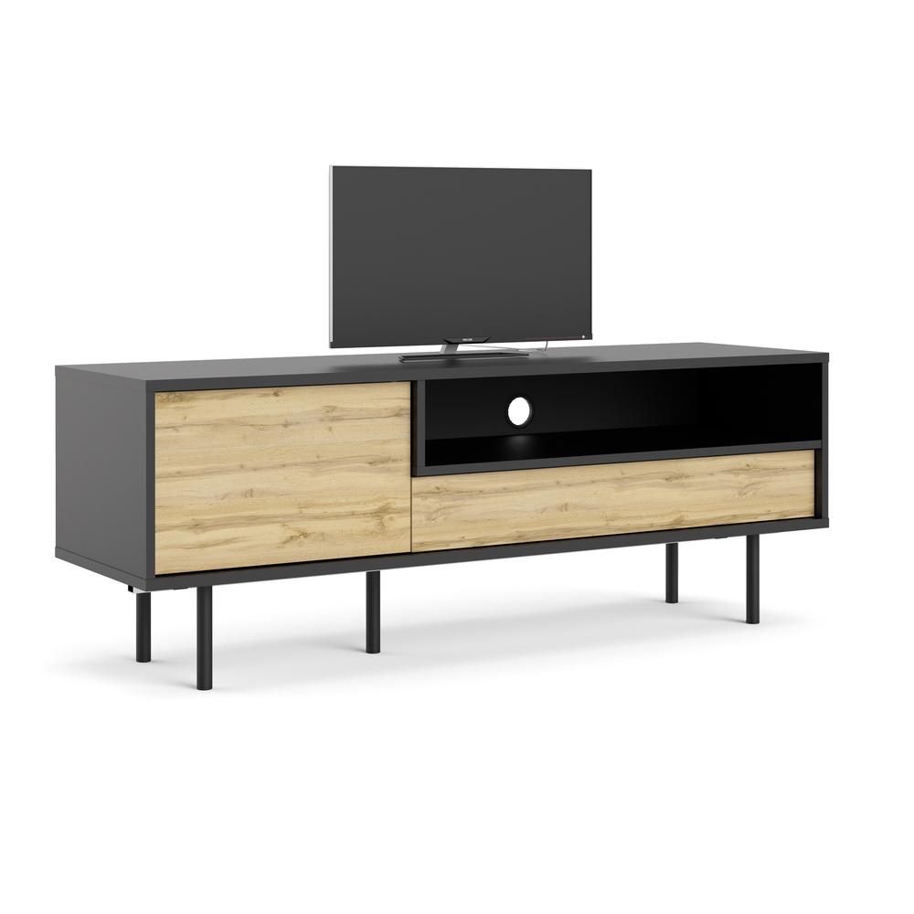 Pierce TV Stand with 1 door and 1 drawer, Black Matte/Wotan Light Oak. Picture 8