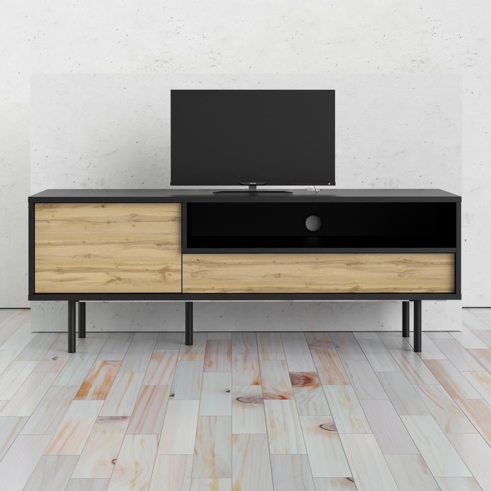 Pierce TV Stand with 1 door and 1 drawer, Black Matte/Wotan Light Oak. Picture 9