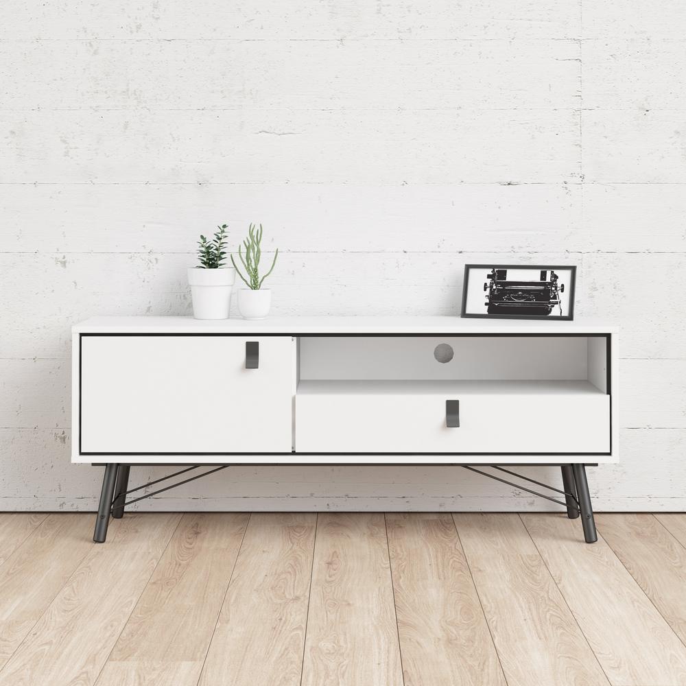 Ry 1 Door, 1 Drawer TV Stand with Open Shelf, White Matte/Black. Picture 9