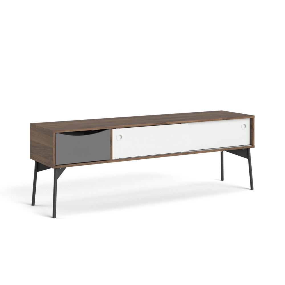 Fur 1 Drawer TV Stand with 2 Sliding Doors, Walnut/White Matte/Grey. Picture 1
