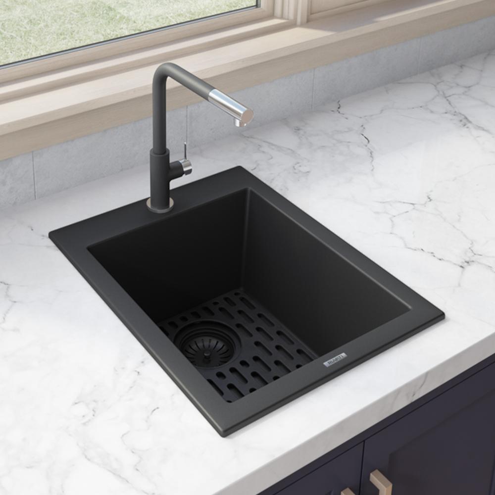 Drop-in Topmount Granite Composite Single Bowl Kitchen Sink - Midnight Black. Picture 5