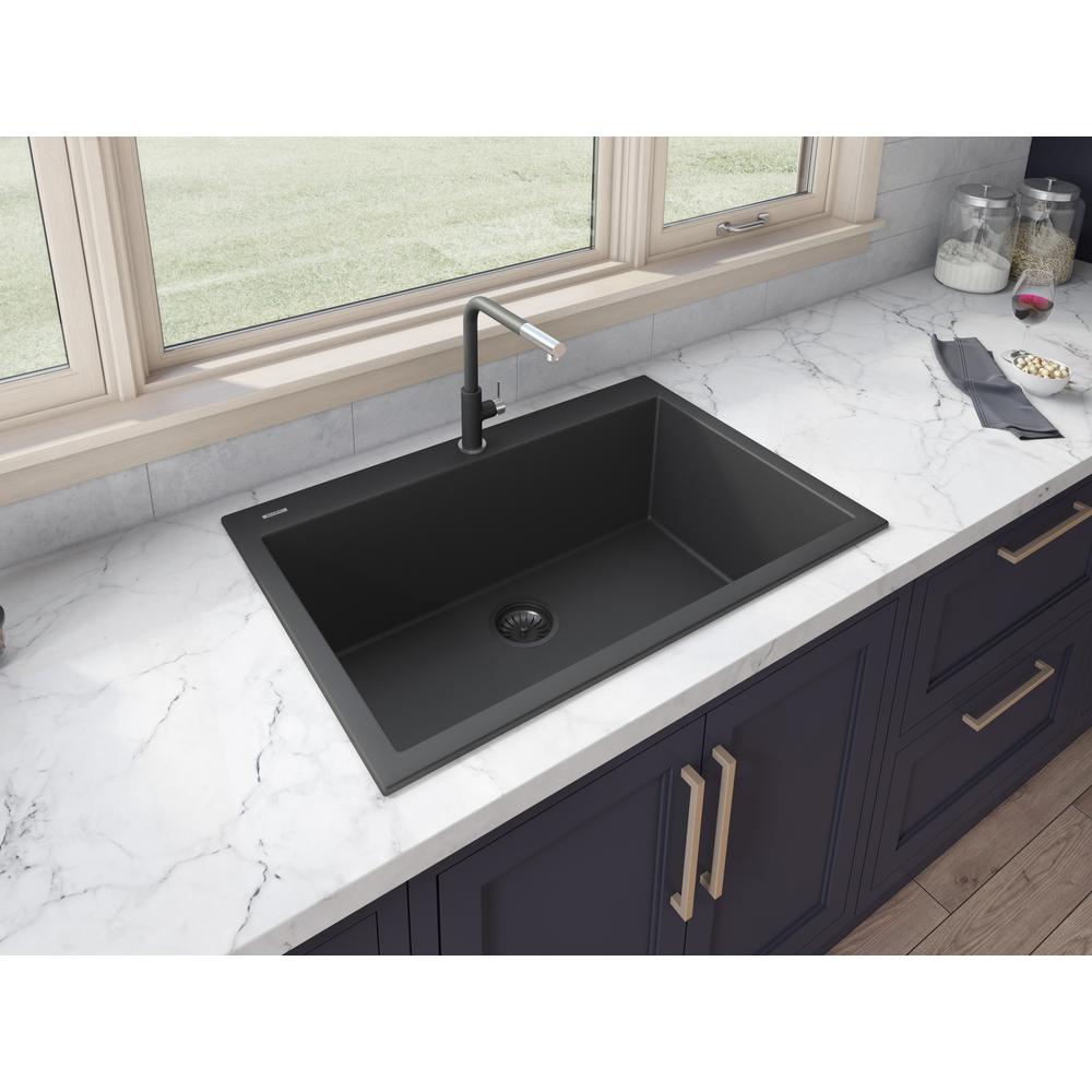 Drop-in Topmount Granite Composite Single Bowl Kitchen Sink - Midnight Black. Picture 15