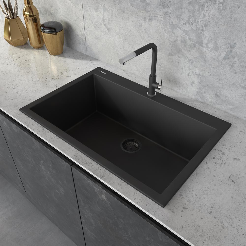 Drop-in Topmount Granite Composite Single Bowl Kitchen Sink - Midnight Black. Picture 16