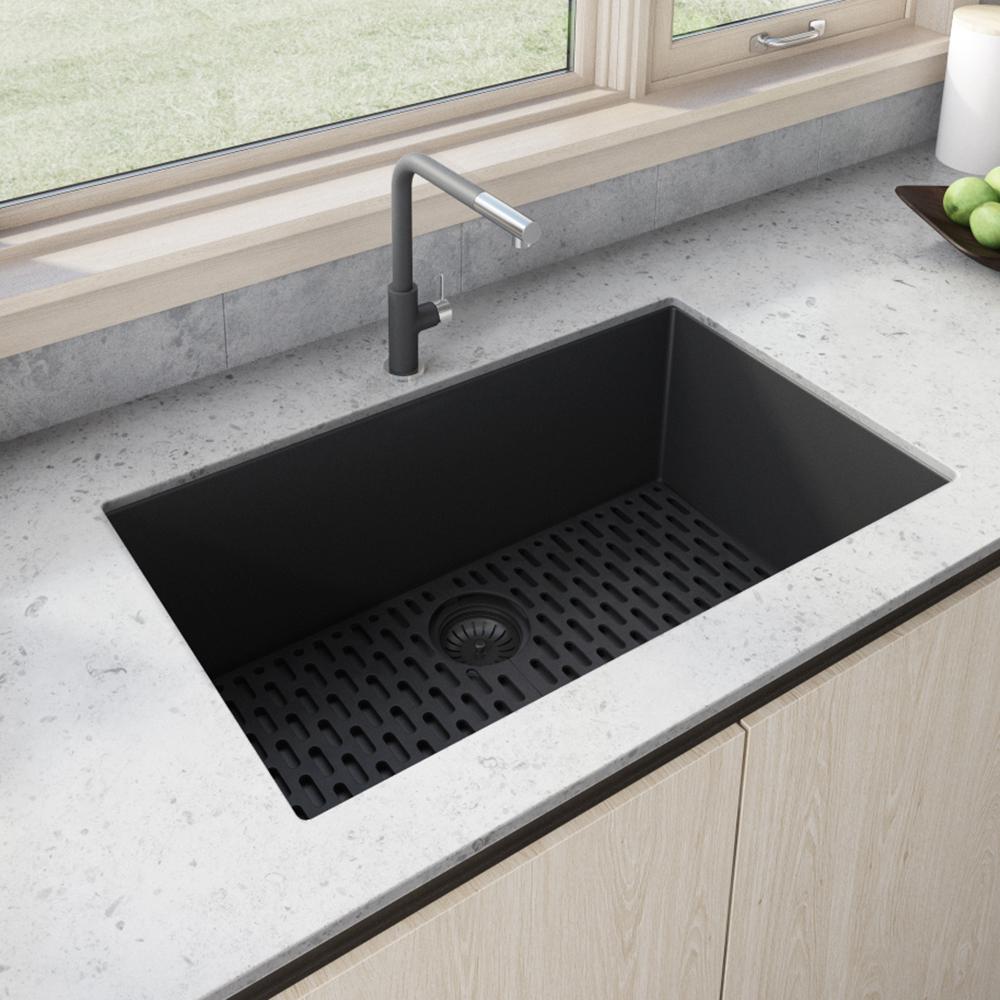 Granite Composite Undermount Single Bowl Kitchen Sink - Midnight Black. Picture 9