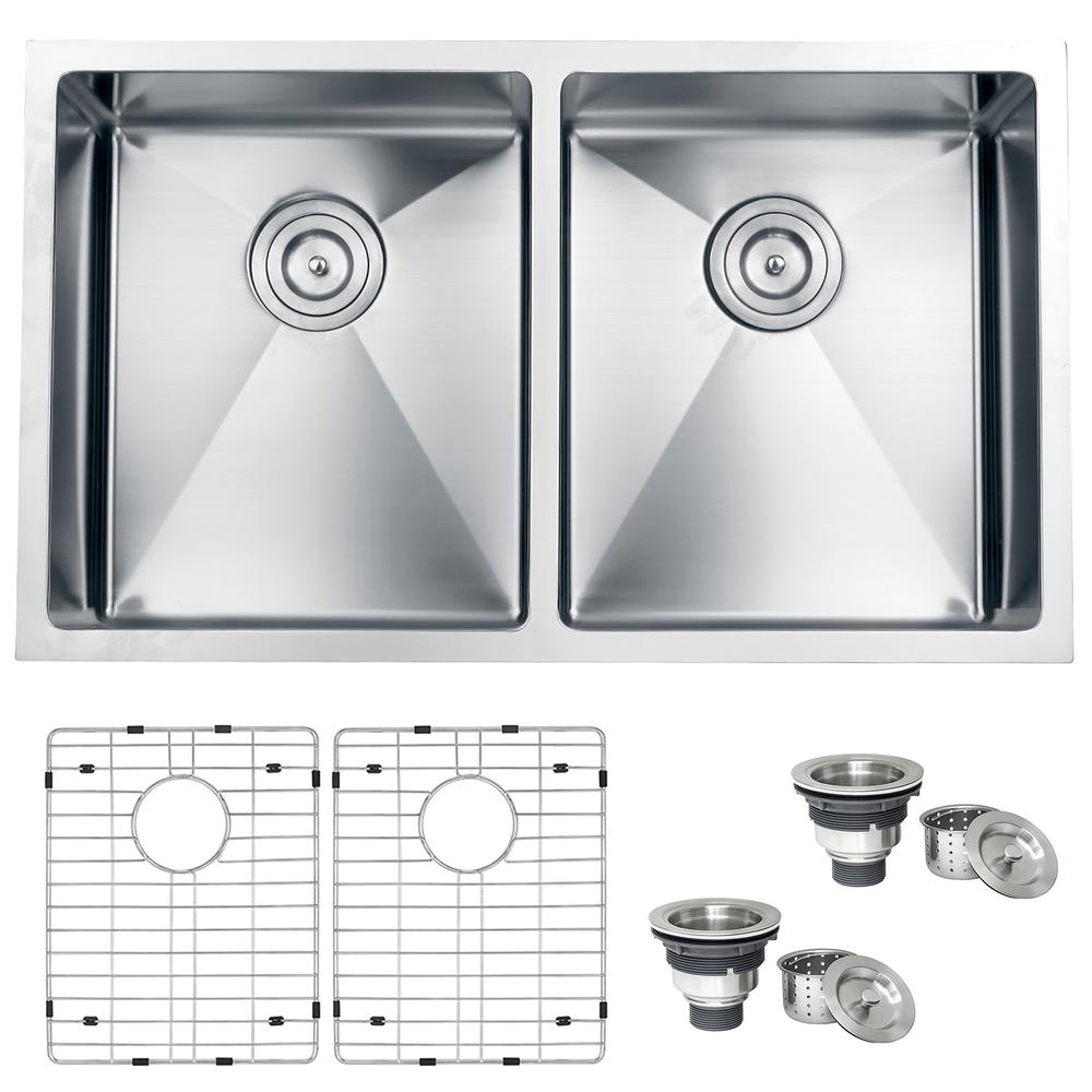 Ruvati 32-in Undermount 50/50 Double Bowl Rounded Corners 16 Gauge Kitchen Sink. Picture 1