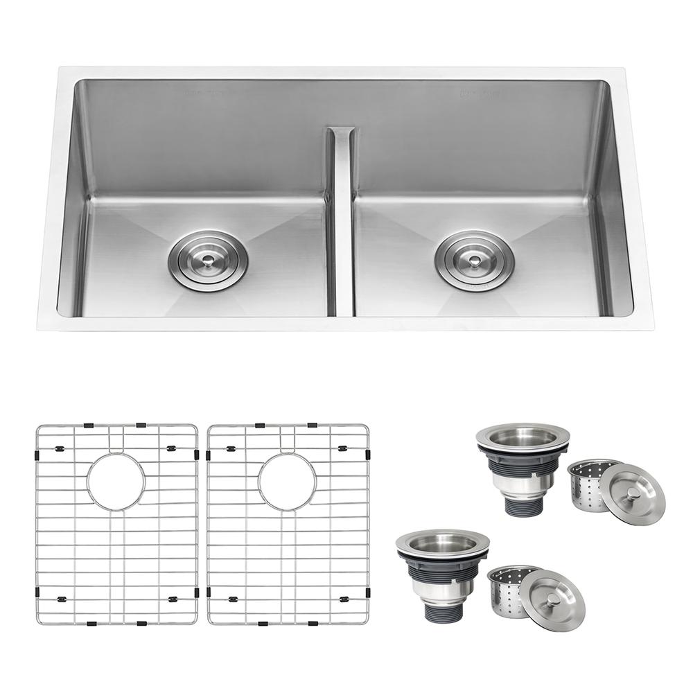 Ruvati 32-in Low-Divide Undermount Double Bowl 16 Gauge Kitchen Sink. Picture 1