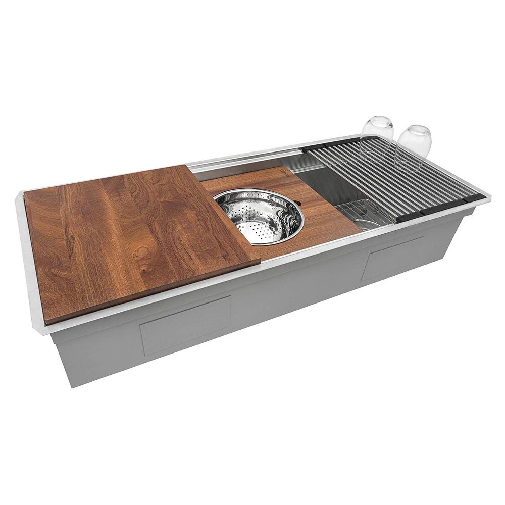 Ruvati 57-inch Workstation Two-Tiered Ledge Kitchen Sink Undermount 16 Gauge. Picture 22