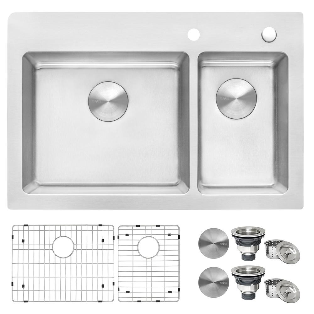 Ruvati 33 x 22 inch Drop-in Topmount Kitchen Sink 16 Gauge 70/30 Double Bowl. Picture 1