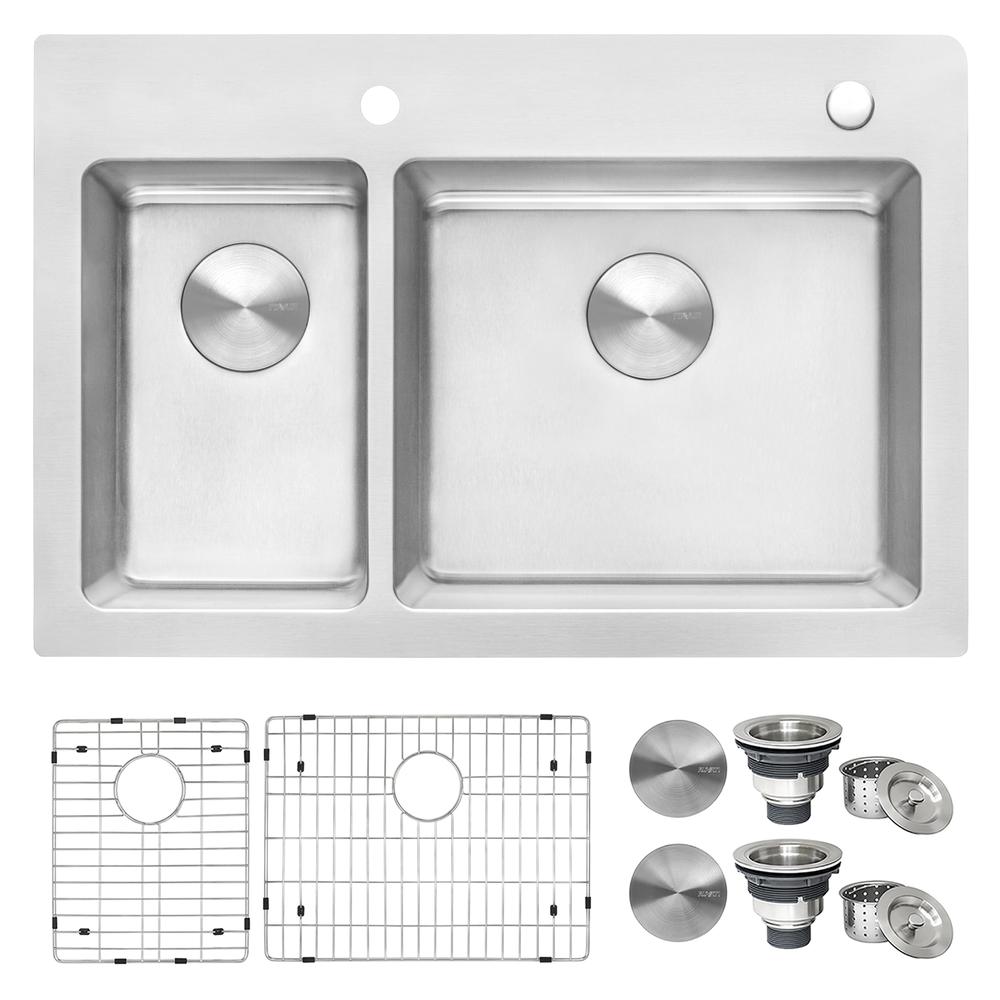 Ruvati 33 x 22 inch Drop-in Topmount Kitchen Sink 16 Gauge 30/70 Double Bowl. Picture 1