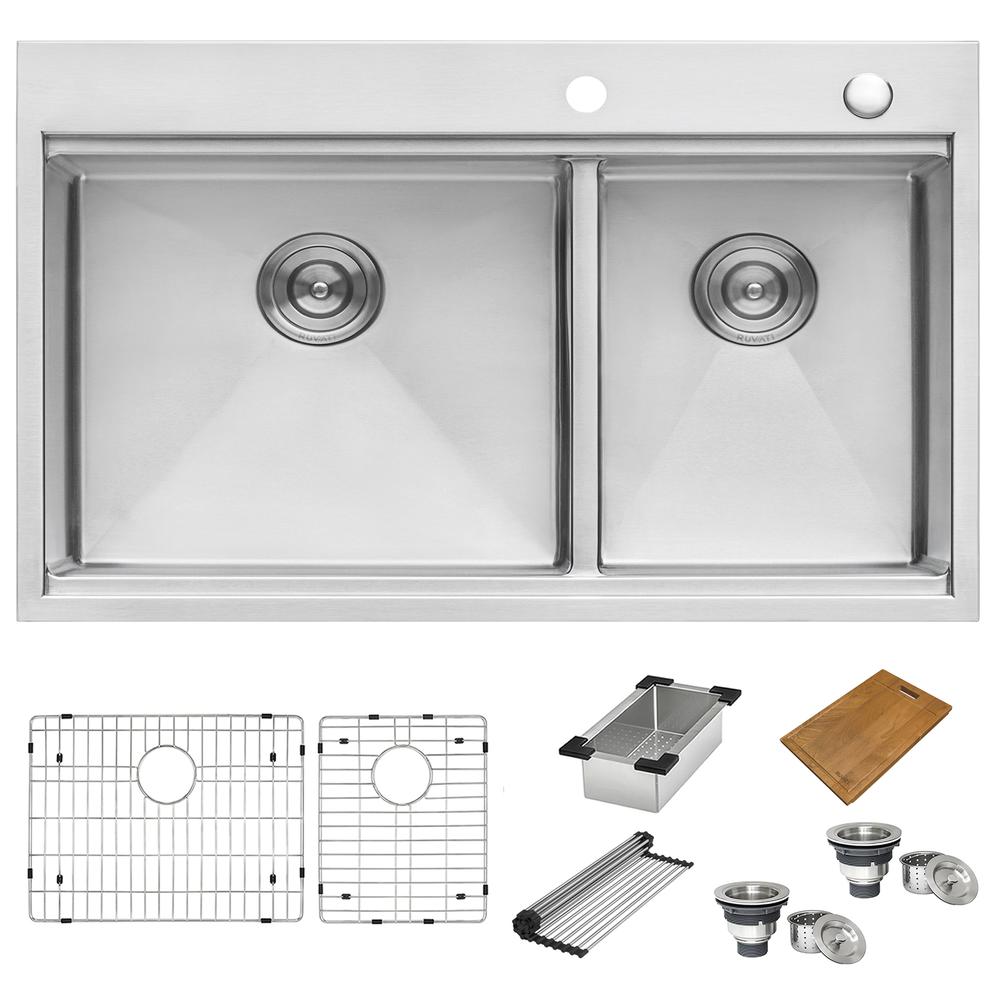 Ruvati 33 x 22 inch Workstation Drop-in 60/40 Double Bowl Topmount Tight Radius 16 Gauge Stainless Steel Ledge Kitchen Sink - RVH8035. Picture 17