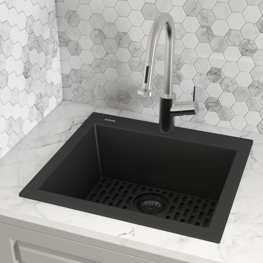 Drop-in Topmount Granite Composite Single Bowl Kitchen Sink - Midnight Black. Picture 9