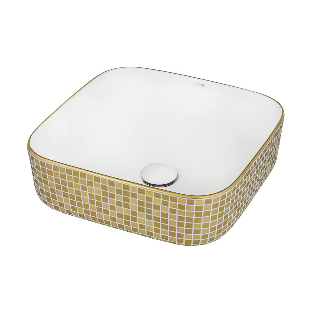 Ruvati 15 x 15 inch Bathroom Vessel Sink Gold Decorative Pattern Above Vanity Counter White Porcelain Ceramic - RVB1515WG4. Picture 8